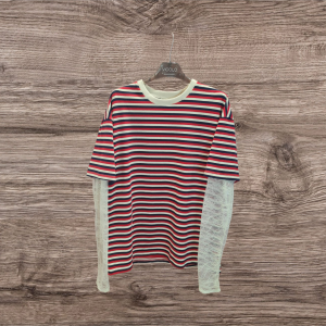 T-shirt Over VICOLO a righe sottili con pizzo, Rosso Blu Panna