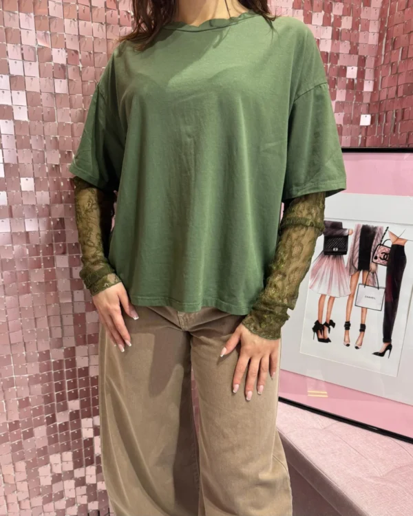 T-shirt SUSYMIX con maniche in pizzo, VERDE MILITARE
