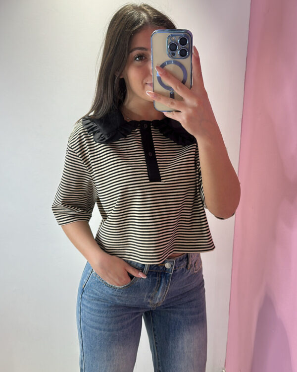 Polo VICOLO a righe & con rouches sul colletto, NERO & beige