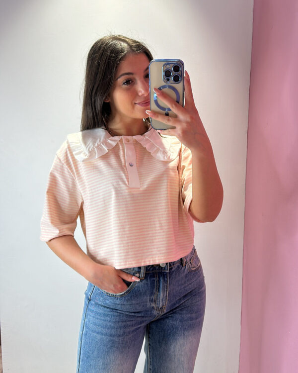 Polo VICOLO a righe & con rouches sul colletto, ROSA & panna