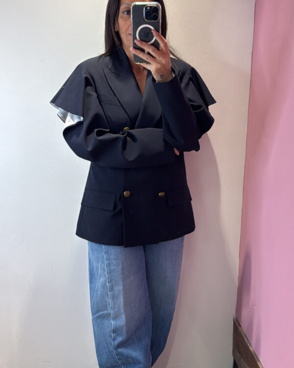 Blazer VICOLO doppio petto con manica CUT OUT & rouches gessata, BLU