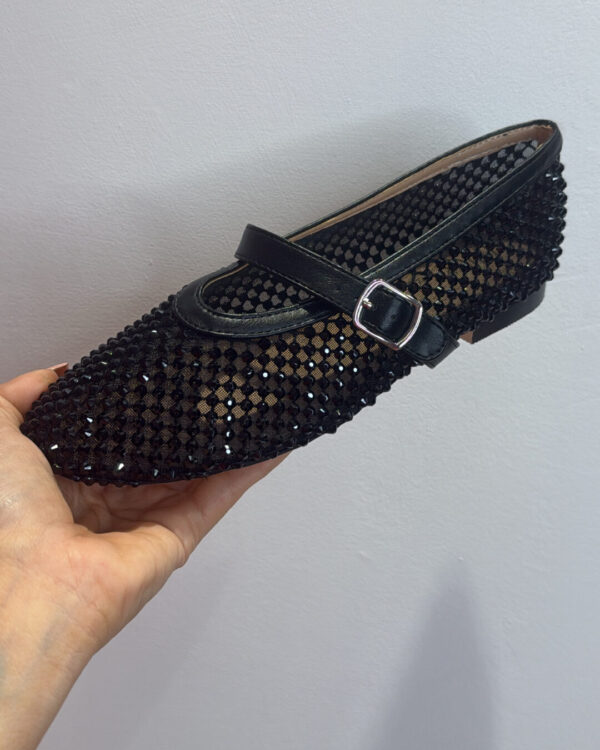 Ballerina OVYE' mod. MARY JANE in rete con strass, NERO