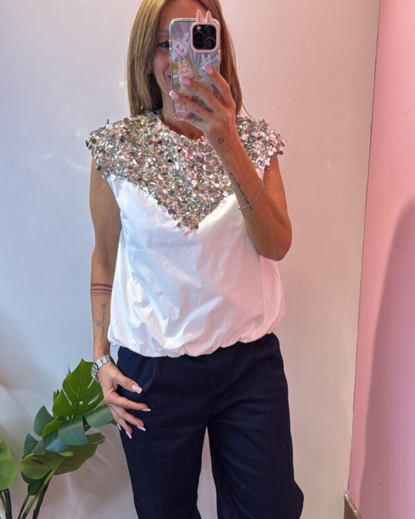 Camicia smanicata MOTEL con paillettes, BIANCO