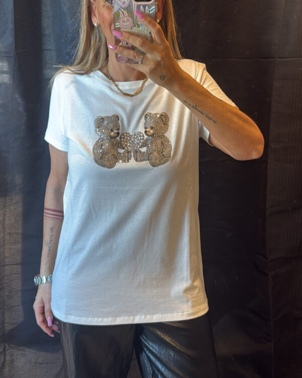T- shirt in strass con due orsetti & cuore