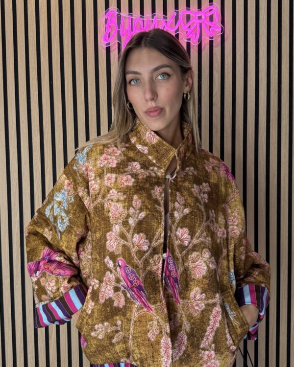 Giacca Kimono HAVEONE in ciniglia fantasia rigata & colibrì